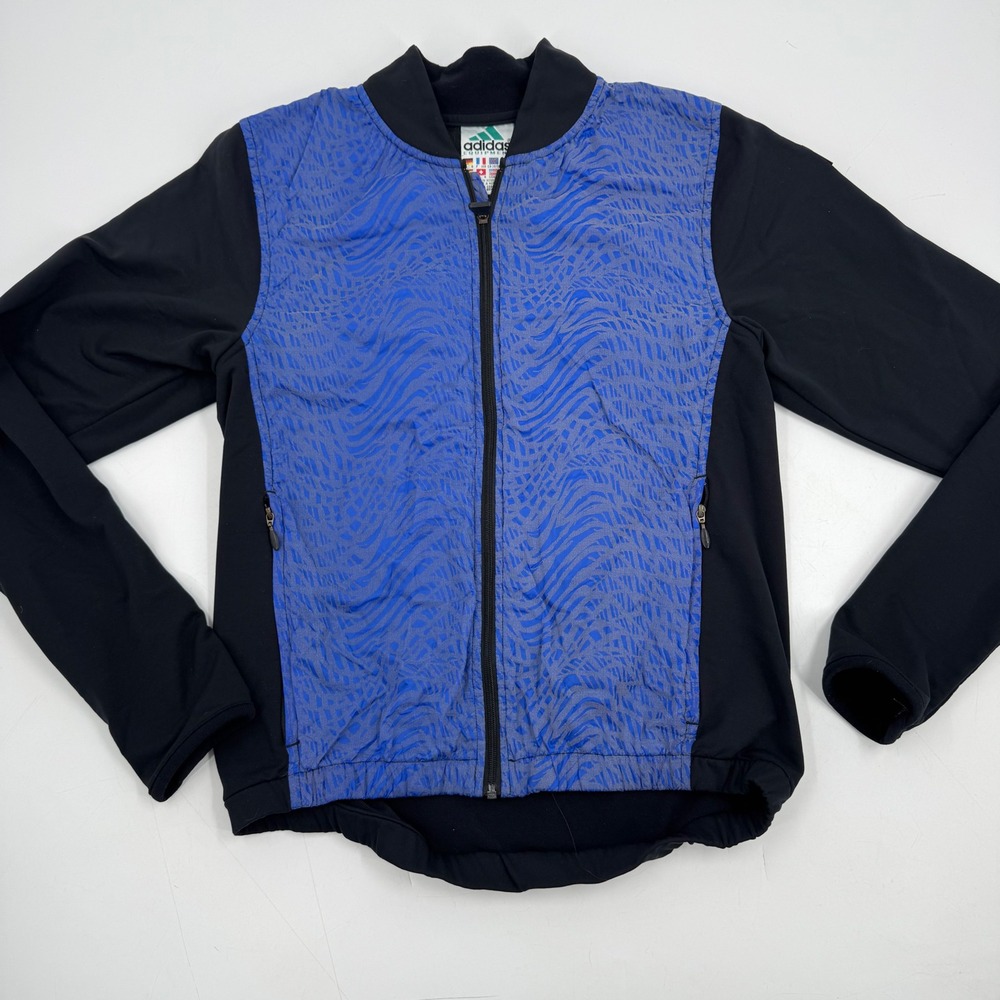 Vintage Adidas‎ Womens Small S Full Zip Blue Black Geometric Pattern Reflective